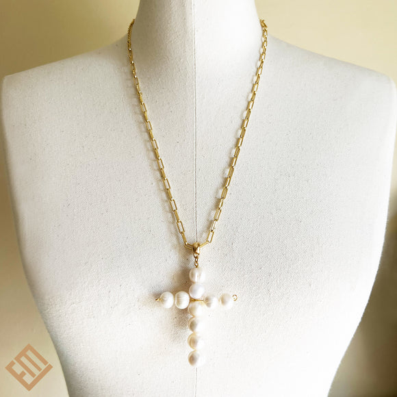 Pearl Cross Gold Necklace and Pendant